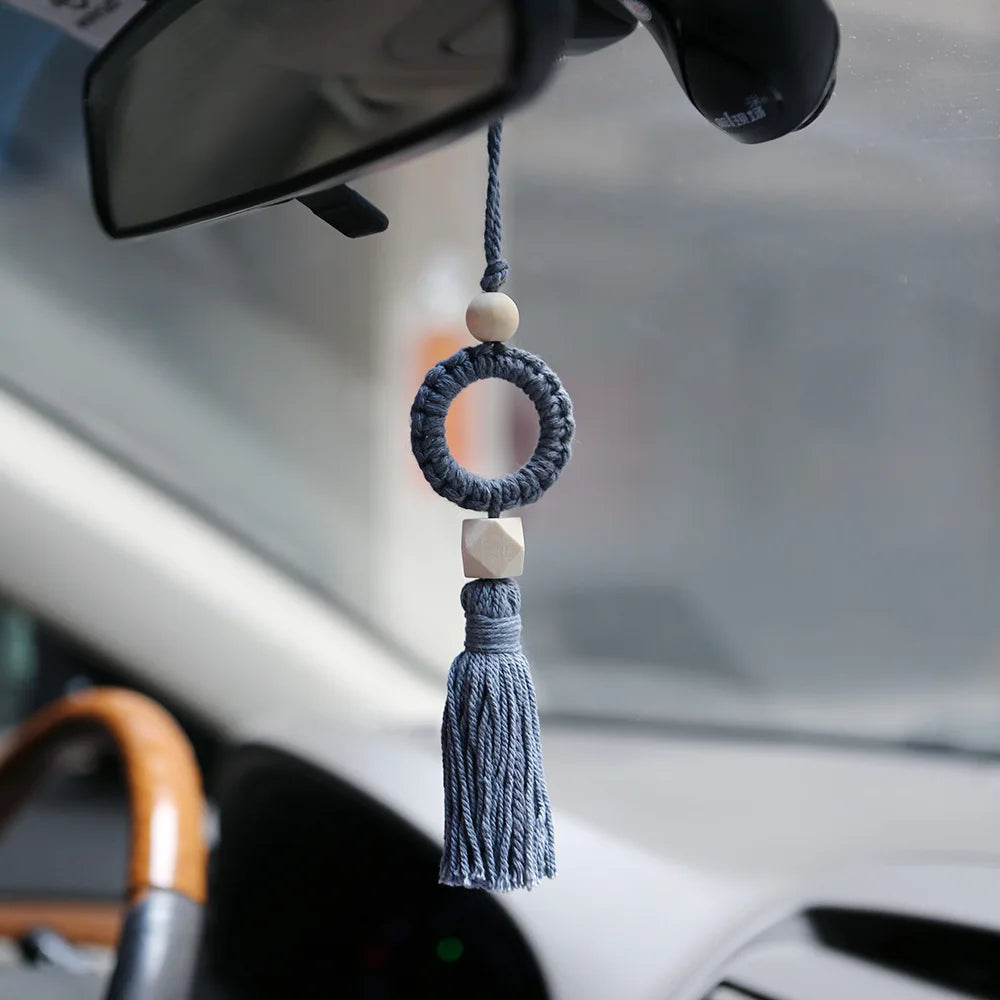 Boho Cotton Car Pendant – Handmade Rearview Mirror Hanging Ornament