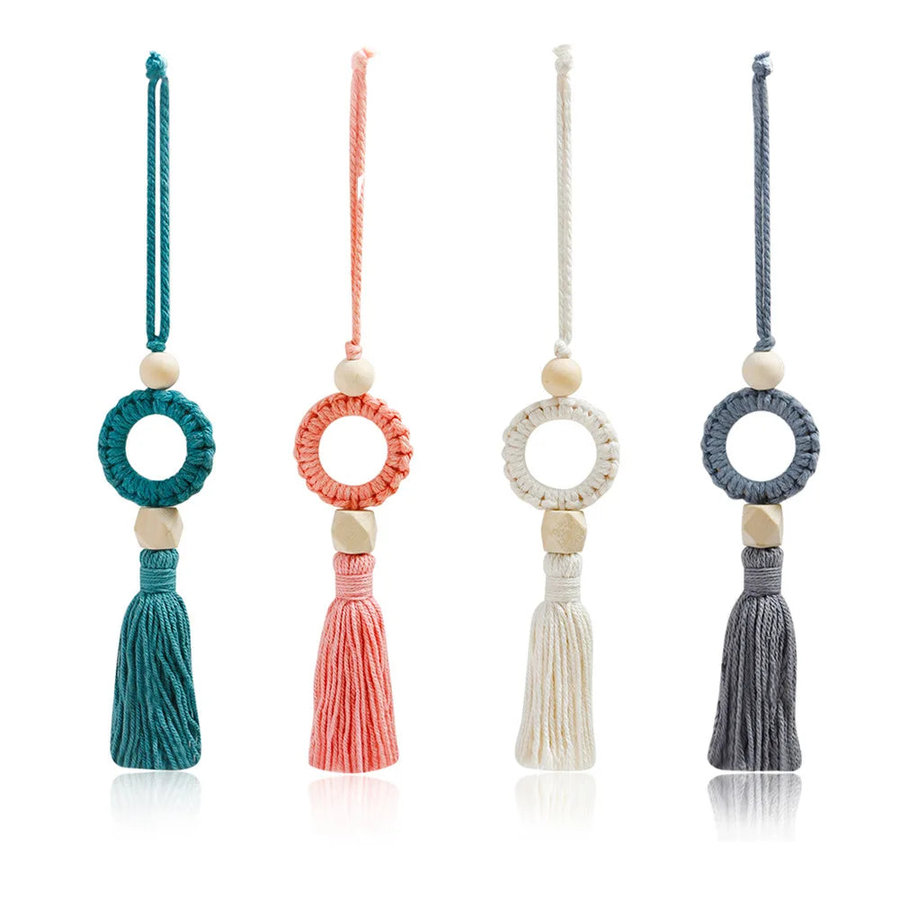 Boho Cotton Car Pendant – Handmade Rearview Mirror Hanging Ornament