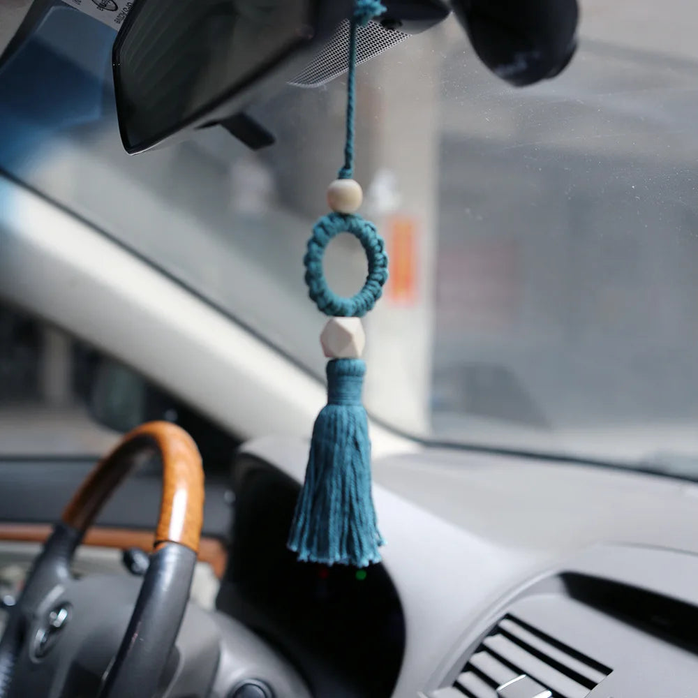 Boho Cotton Car Pendant – Handmade Rearview Mirror Hanging Ornament