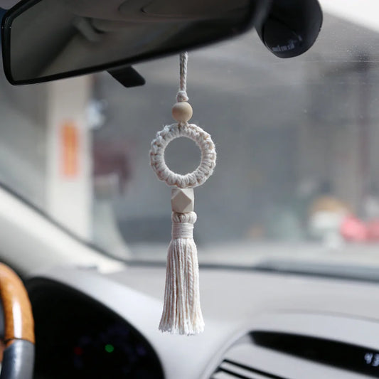 Boho Cotton Car Pendant – Handmade Rearview Mirror Hanging Ornament
